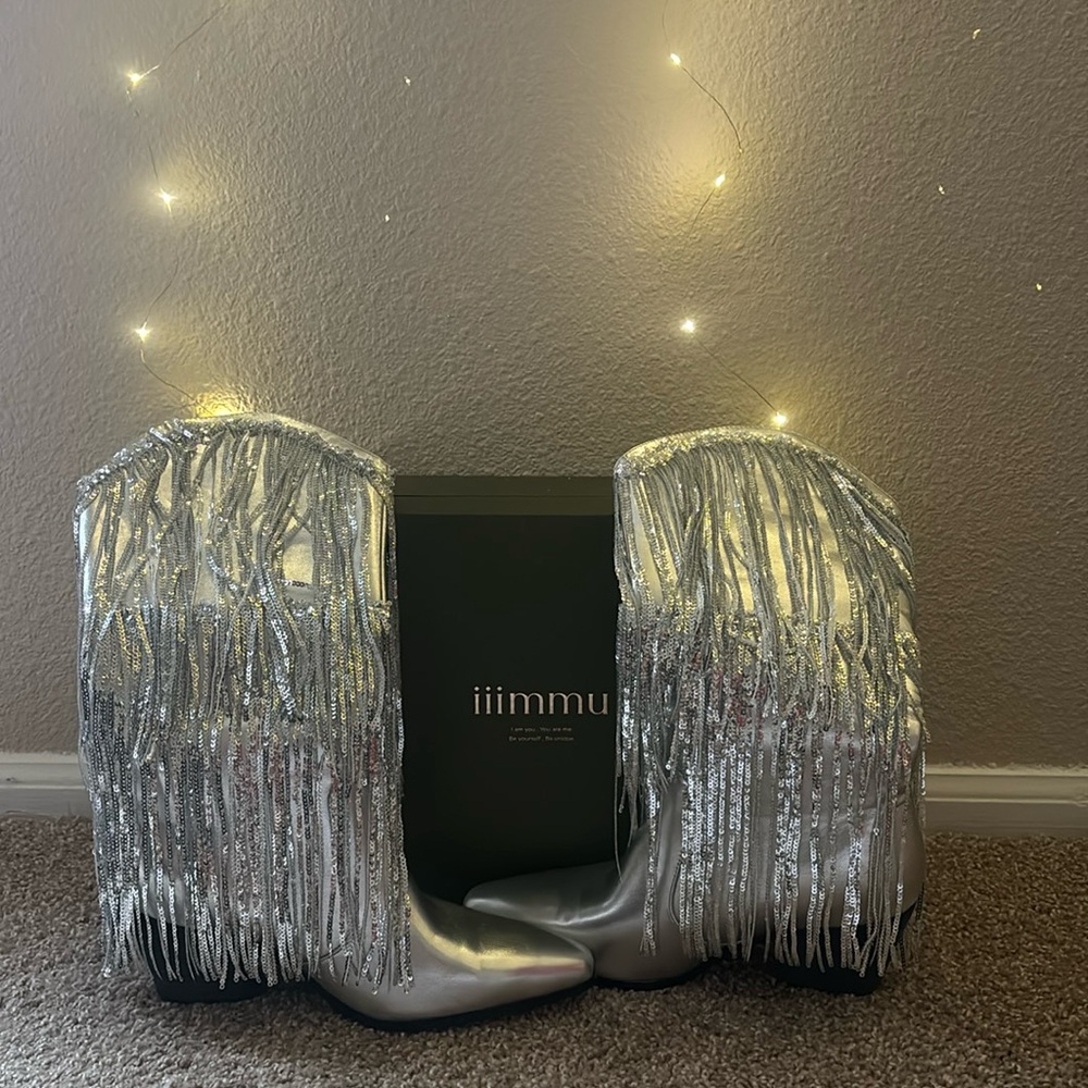 Brand new, never worn silver sparkly fringe heeled boots!